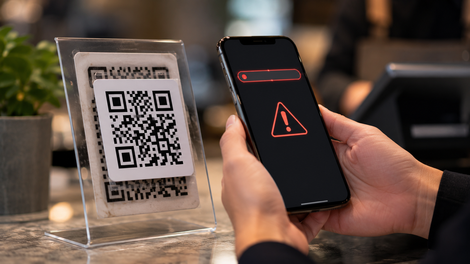 QR code phishing attack warning on smartphone during QR scan